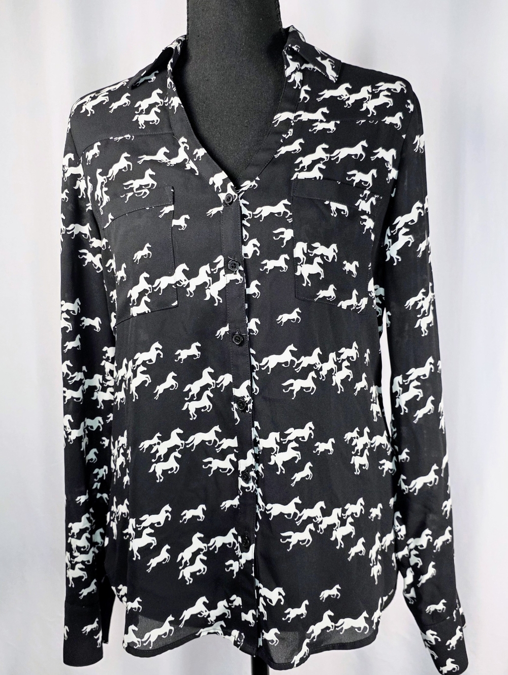 Express Portofino Shirt Horse Print Black Button Down Blouse XS